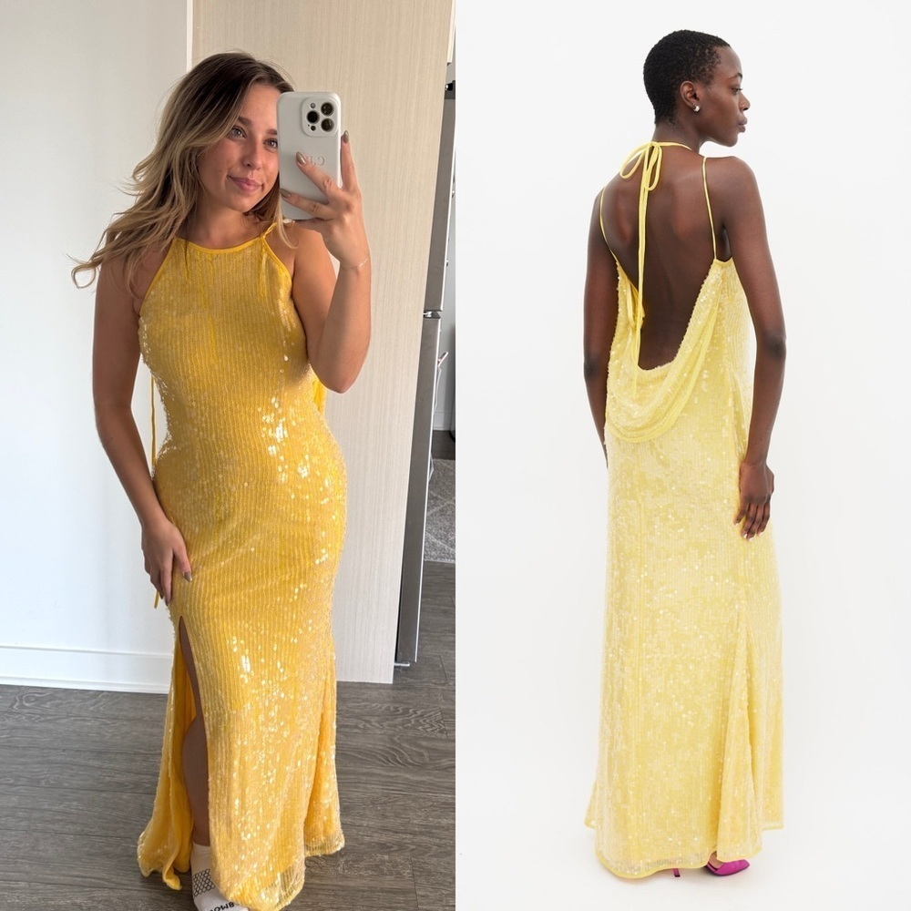 MAC DUGGAL Yellow Sequin Cowl Back Maxi Dress 2